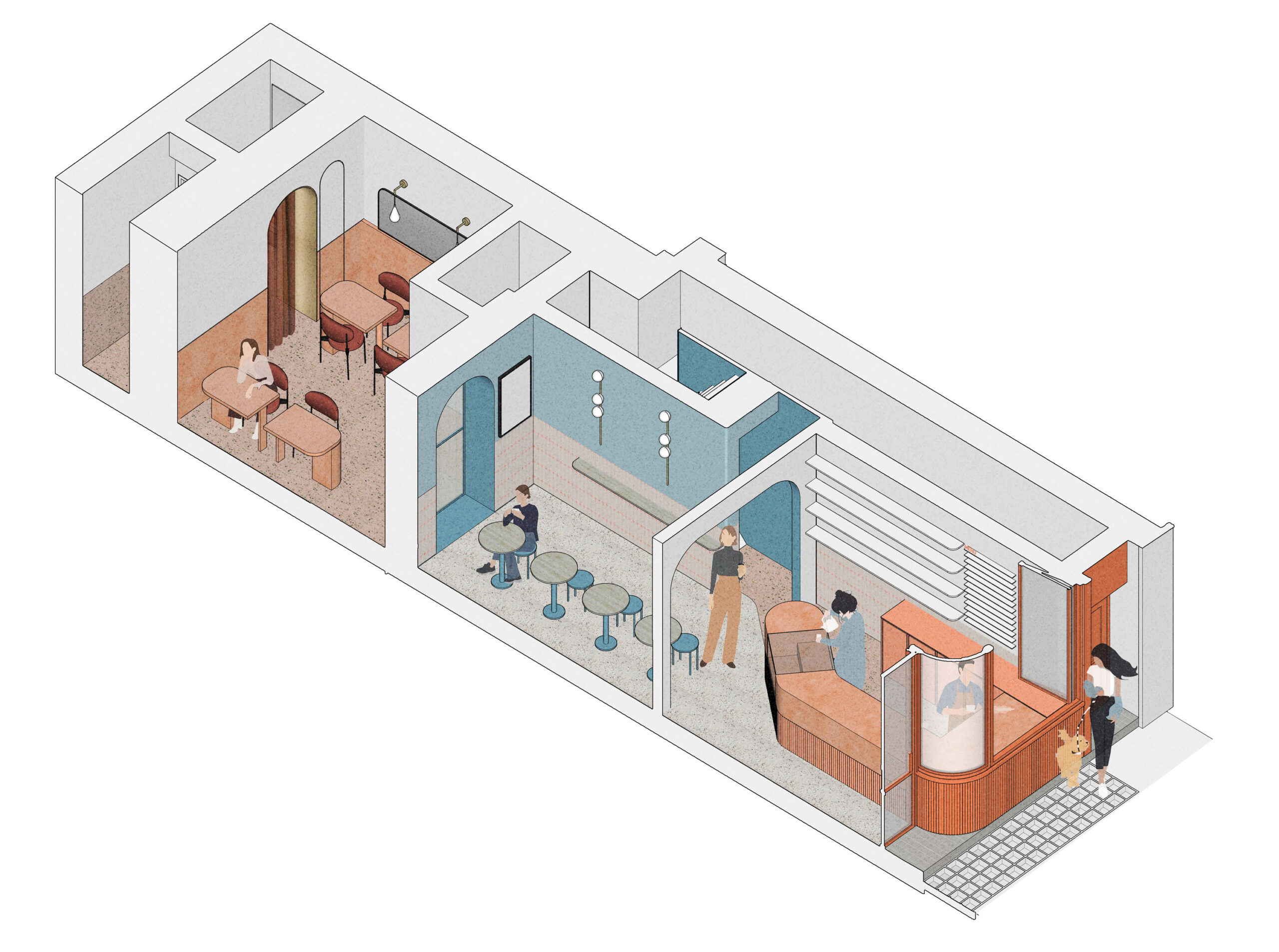 Cona, Nail saloon, cafe, coffee, red, curved, axonometric, axo