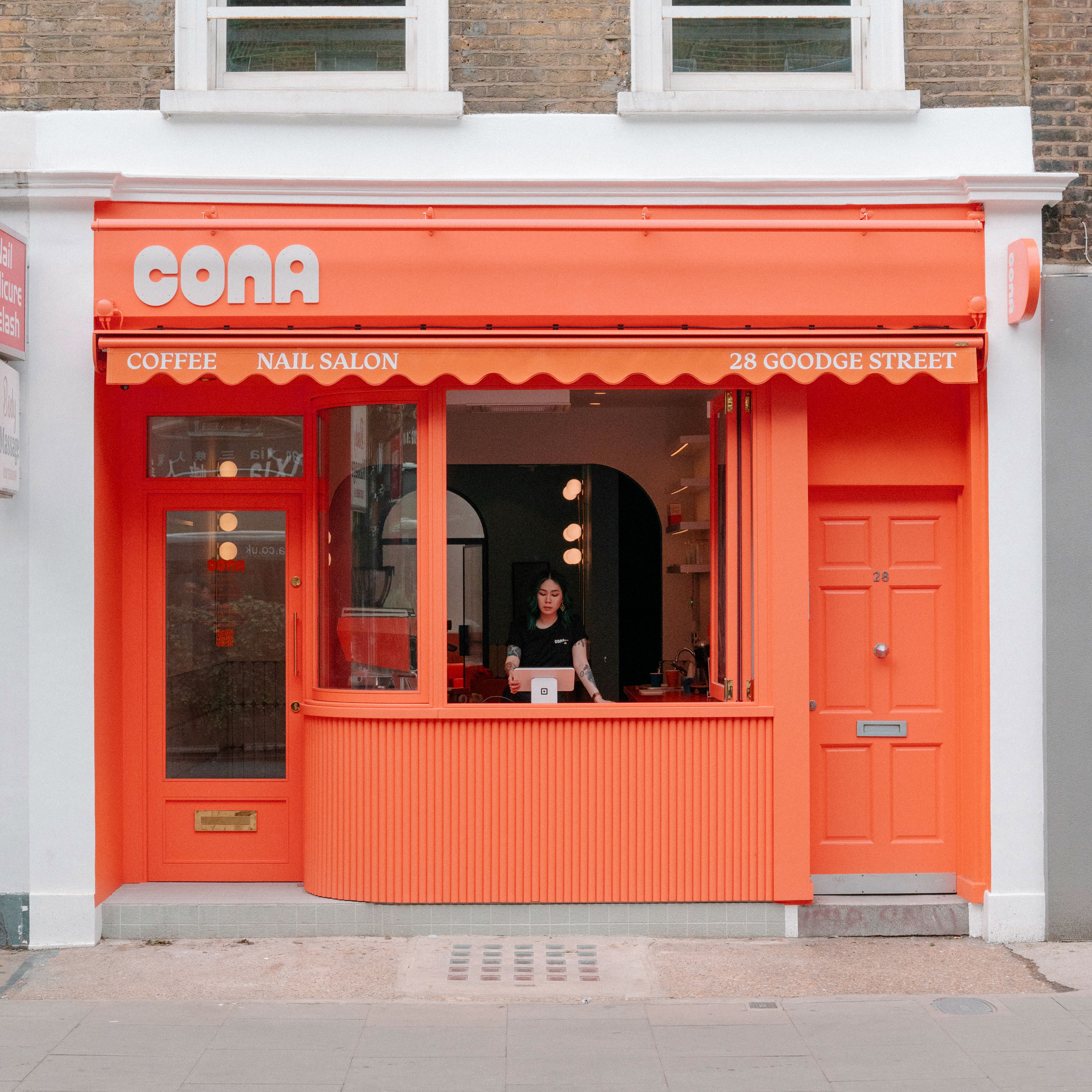 Cona, Coffee, Nail Saloon, shop, cafe, front, red curved